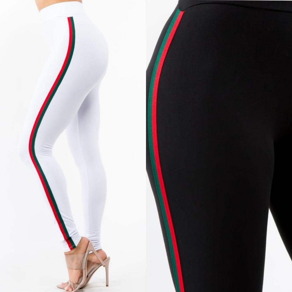 High Waisted Leggings White with Green Red side tape stripes Sz. S/M New NWOT